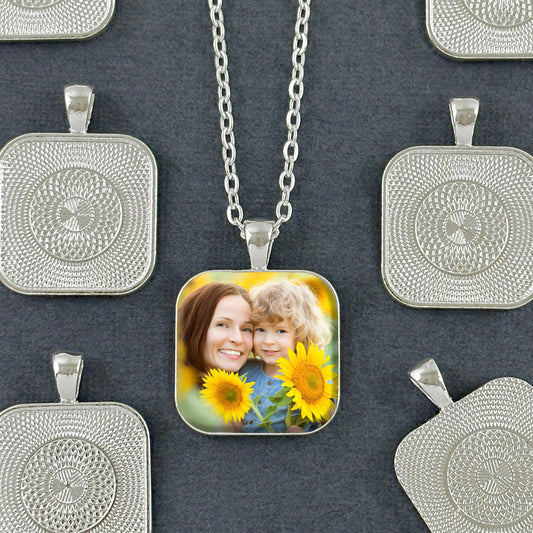 Mega Kit Photo Necklaces with 25mm 1" Shiny Silver Rounded Edge Square Photo Pendants