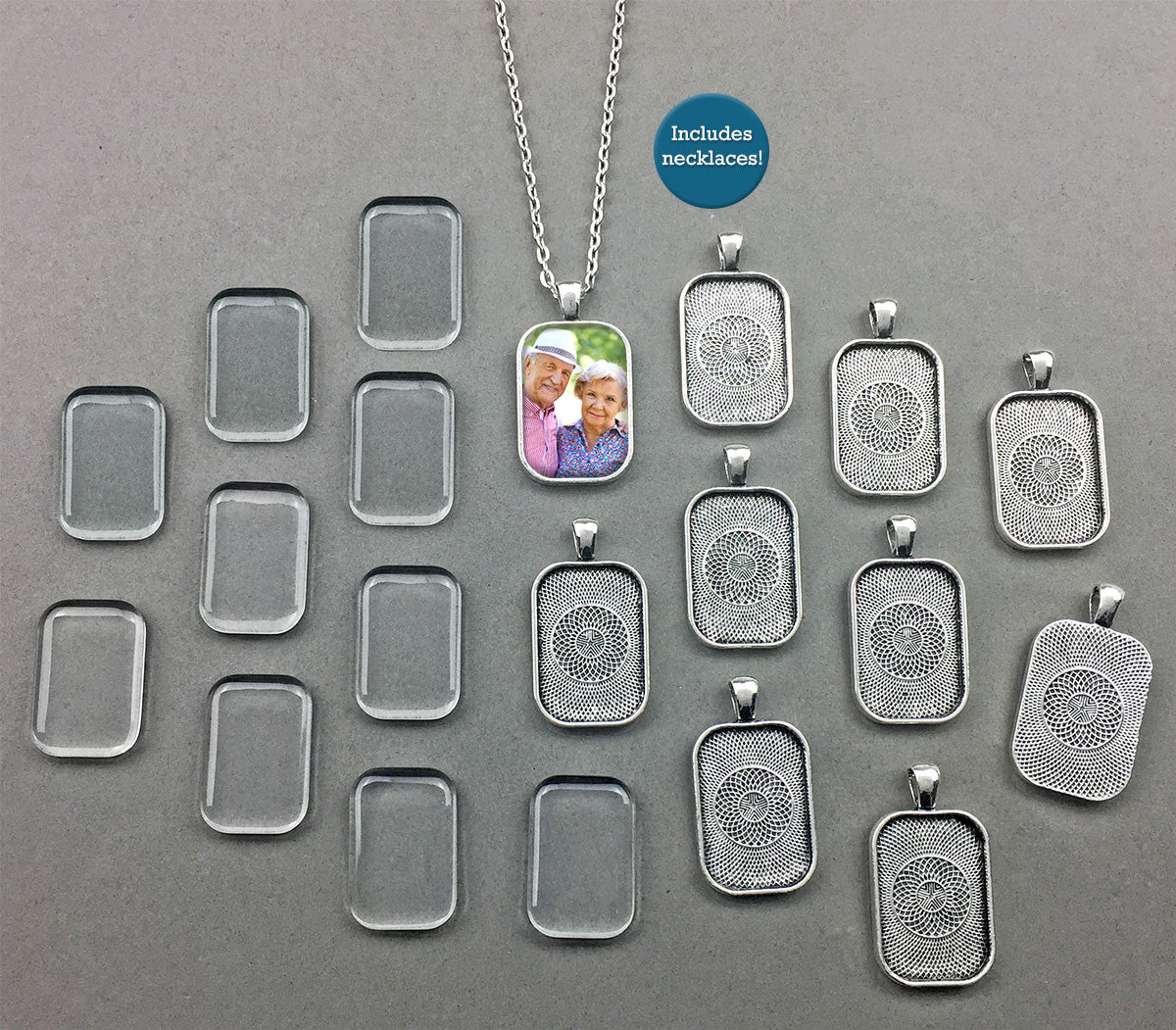 20 Pack Rounded Edge Antique Silver 20x30mm Rectangle Photo Jewelry Pendants w/ Glass and Link Chains