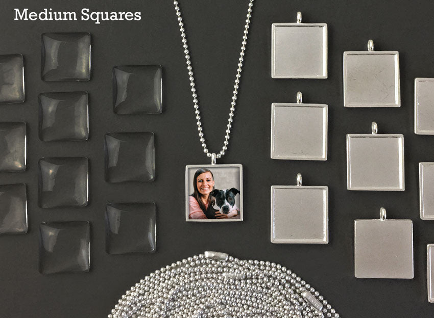 20mm Square Glass Photo Pendants & Mini Ball Chain Necklaces Supply Pack