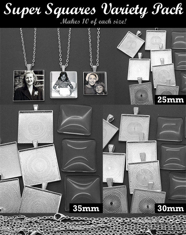 30 Pack Super Squares Photo Jewelry Pendant Variety Home Business Kit 3 Sizes!